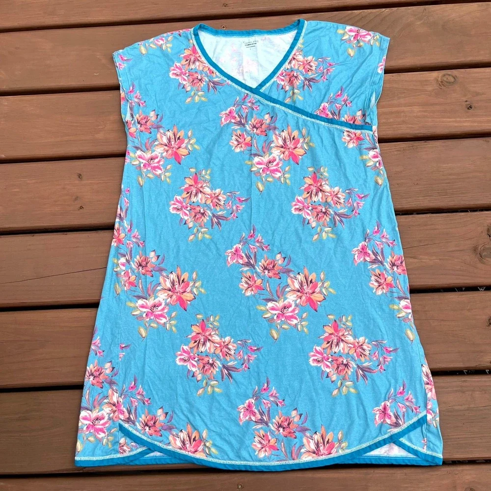 Garnet Hill Nightgown Asian Wrap Pajamas Blue Floral 100% Organic Cotton Large